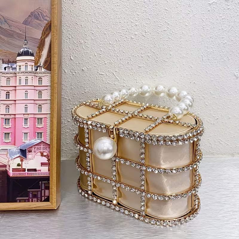 French-Inspired Rhinestone Pearl Evening Clutch Bag – Elegant Metal Basket Design