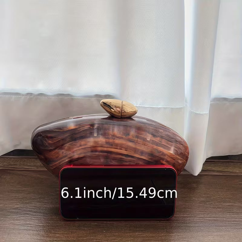 A Brown Acrylic PVC Handbag Chain Lock Pearl Wedding Evening Bag