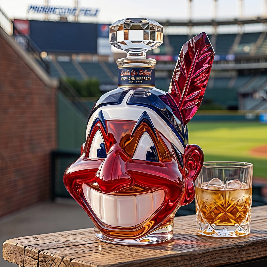 Dolovira Let's Go Tribe! 125th Anniversary Chief Wahoo Whiskey Bottle