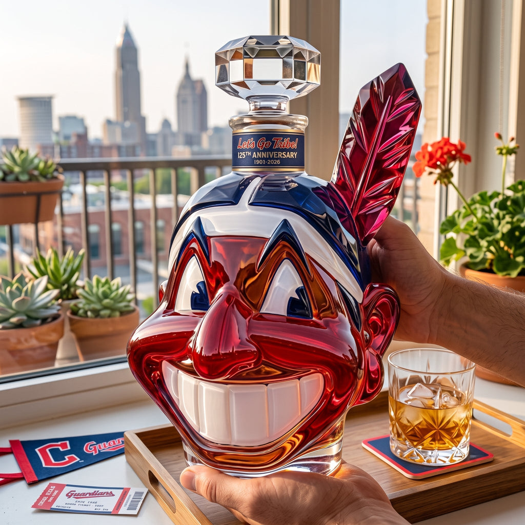 Dolovira Let's Go Tribe! 125th Anniversary Chief Wahoo Whiskey Bottle