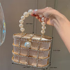 French-Inspired Rhinestone Pearl Evening Clutch Bag – Elegant Metal Basket Design