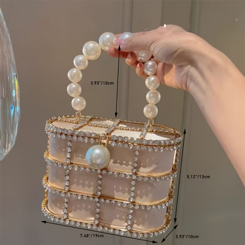 French-Inspired Rhinestone Pearl Evening Clutch Bag – Elegant Metal Basket Design