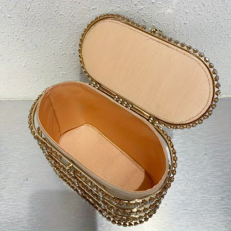 French-Inspired Rhinestone Pearl Evening Clutch Bag – Elegant Metal Basket Design