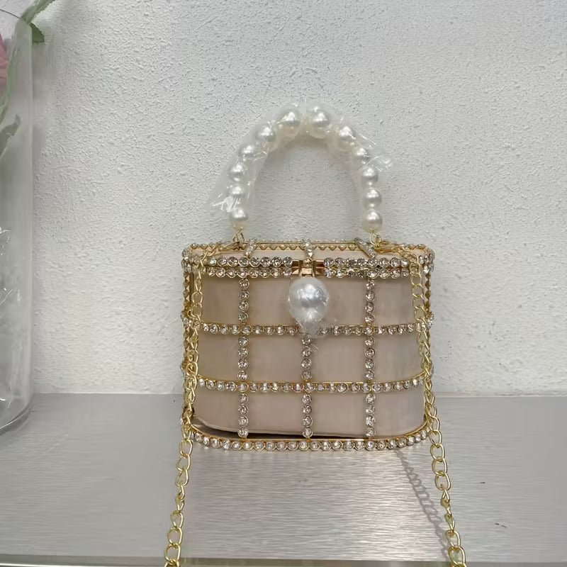 French-Inspired Rhinestone Pearl Evening Clutch Bag – Elegant Metal Basket Design