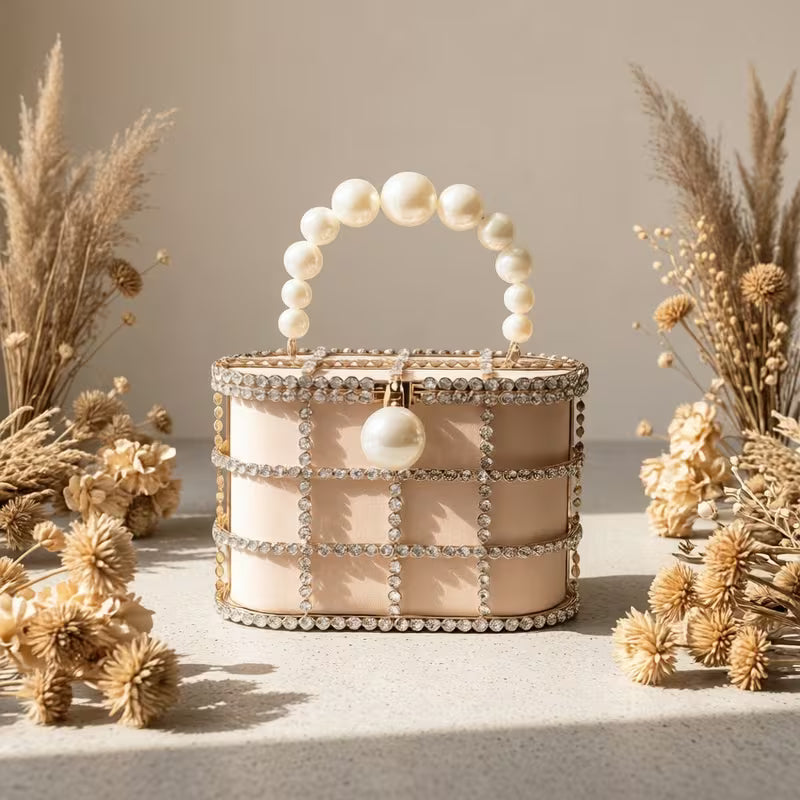 French-Inspired Rhinestone Pearl Evening Clutch Bag – Elegant Metal Basket Design