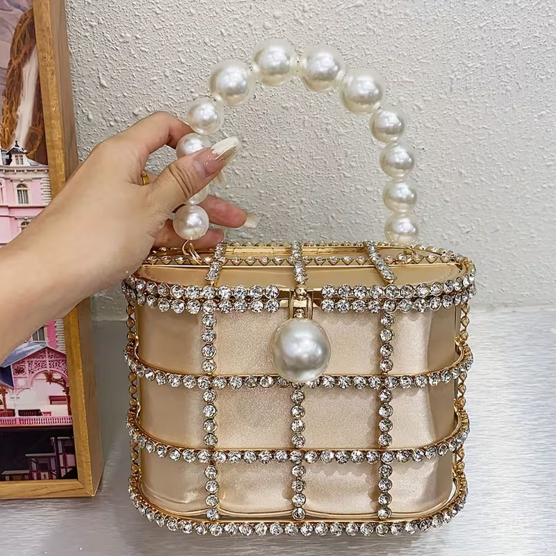 French-Inspired Rhinestone Pearl Evening Clutch Bag – Elegant Metal Basket Design