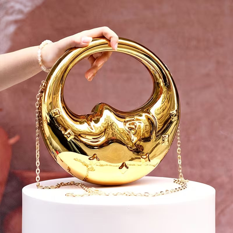 Sculptural Moon Face Clutch – Metallic Statement Evening Bag