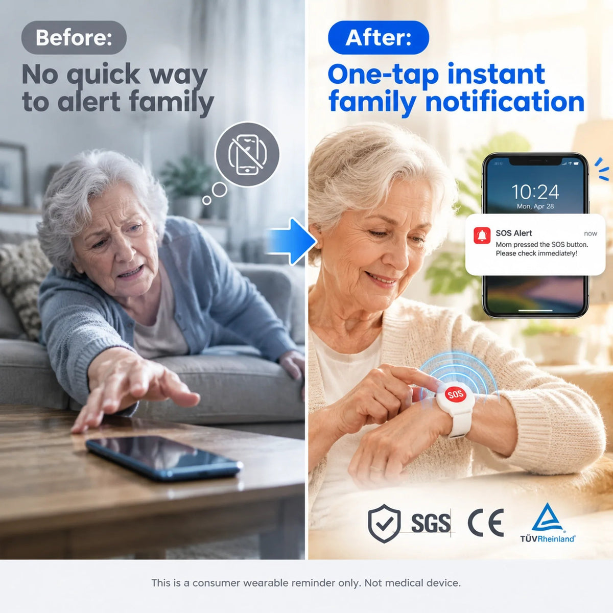 SOS Emergency Alert Wristband for Seniors – One-Touch Help Button