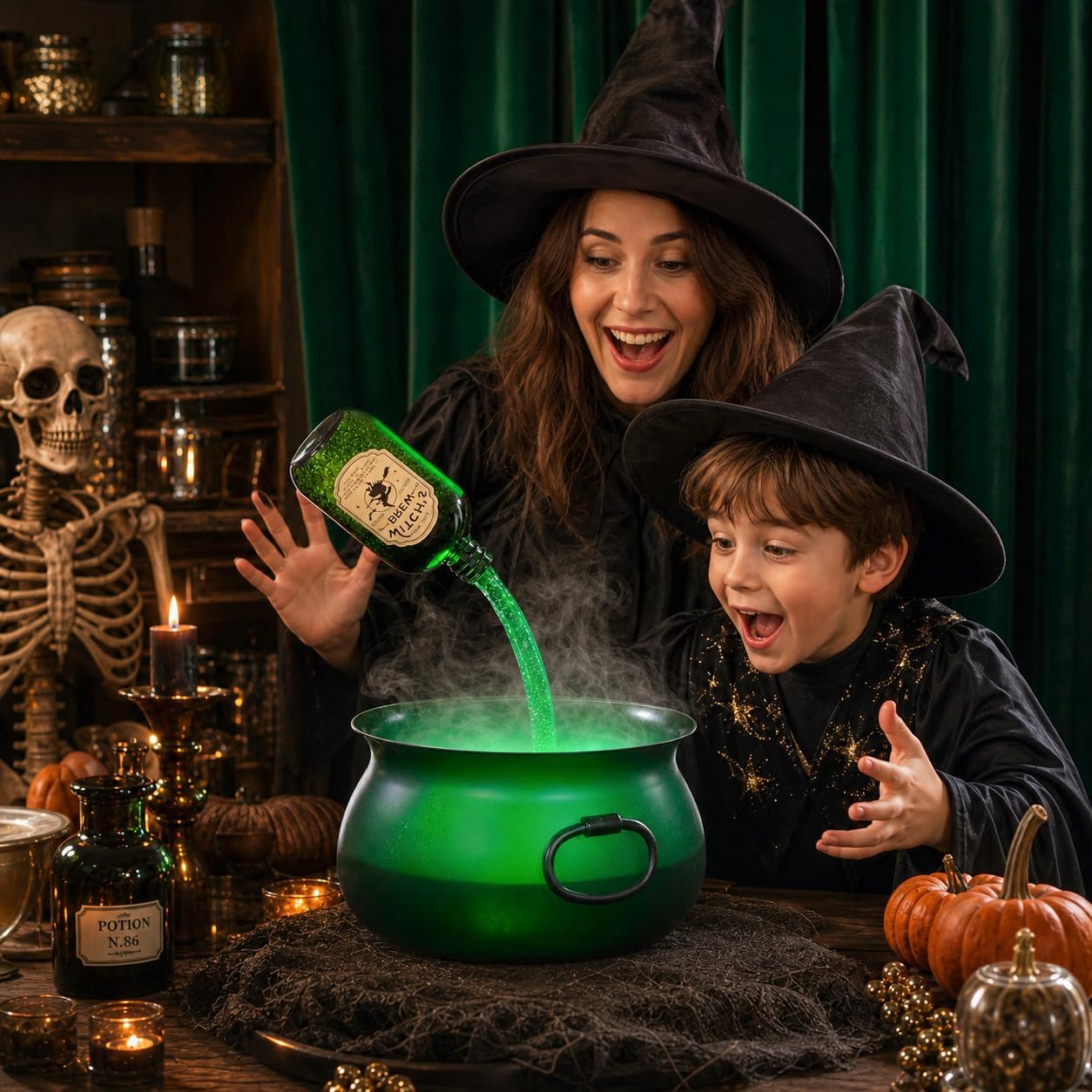Large Translucent Witches Cauldron with Magic Floating Potion Bottles – LED Halloween Decor Centerpiece