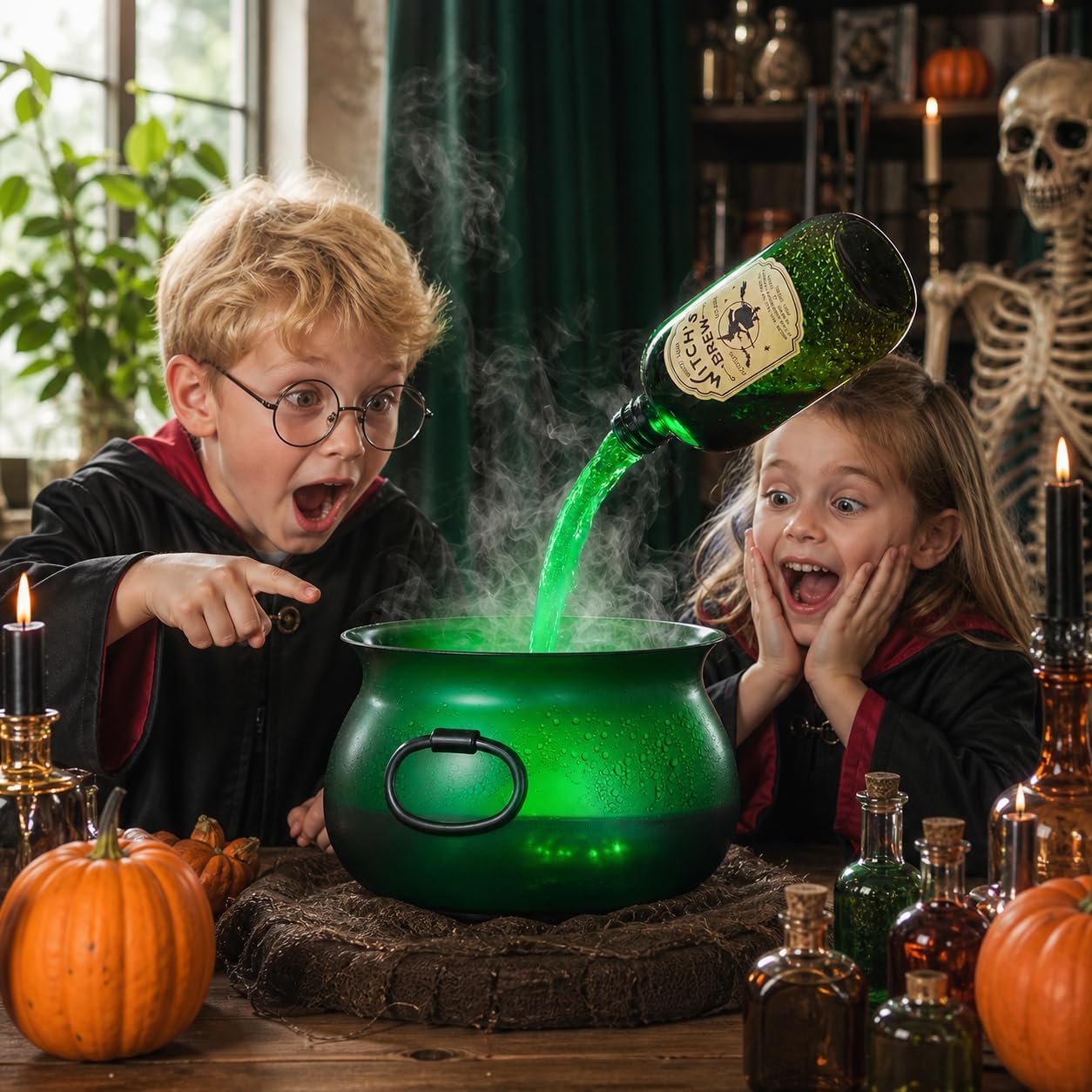Large Translucent Witches Cauldron with Magic Floating Potion Bottles – LED Halloween Decor Centerpiece