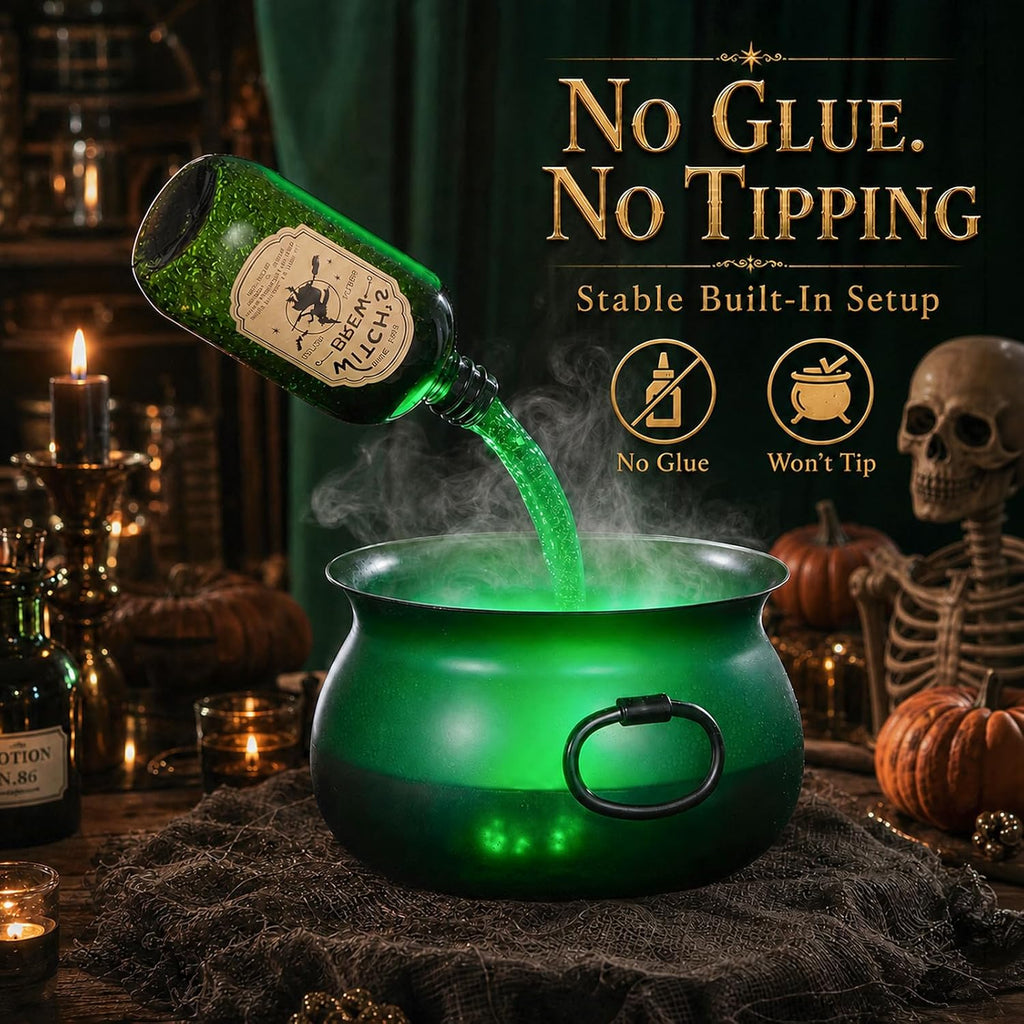 Large Translucent Witches Cauldron with Magic Floating Potion Bottles – LED Halloween Decor Centerpiece