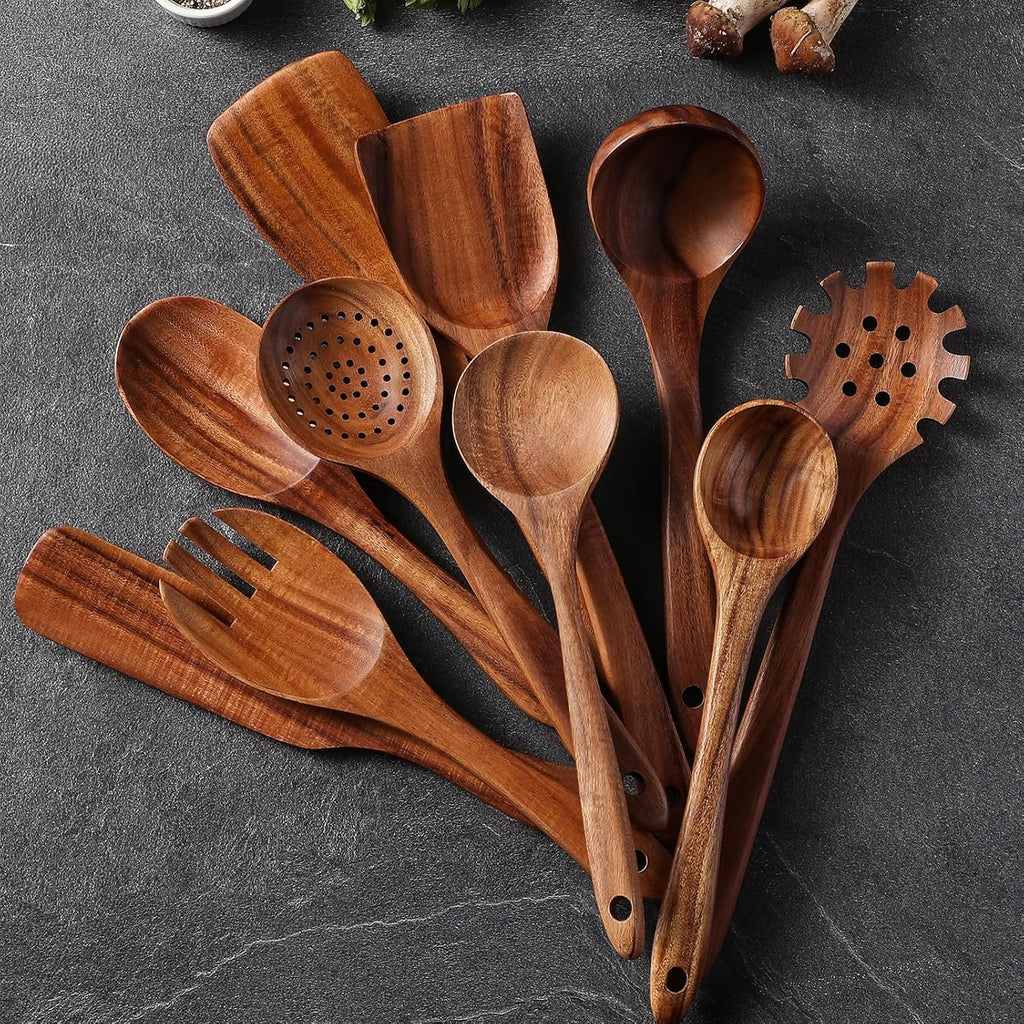 Dolovira Teak Wood Kitchen Utensil Set with Spoon Rest