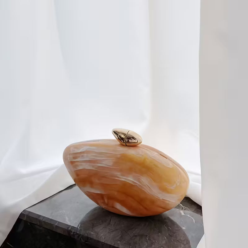 A Brown Acrylic PVC Handbag Chain Lock Pearl Wedding Evening Bag