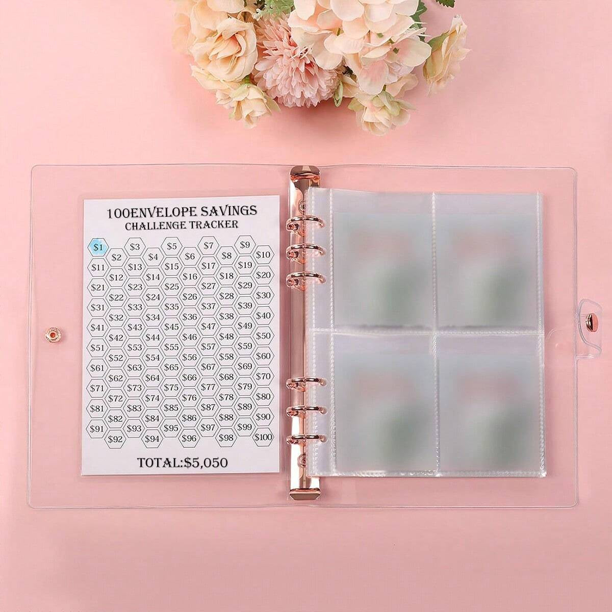 1 Book 100 Days Money Saving Challenge Book With Loose-Leaf Binder Pink Cover