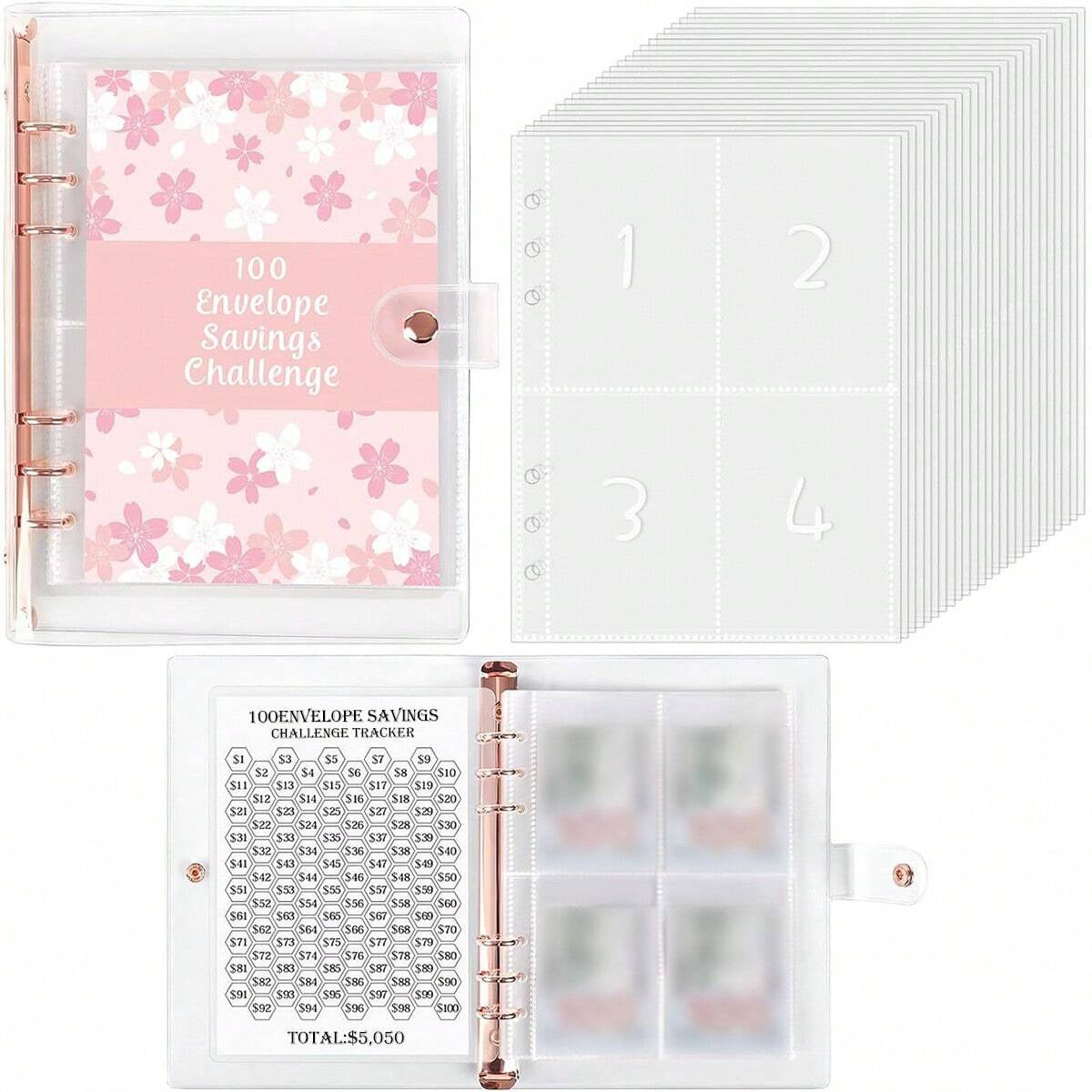 1 Book 100 Days Money Saving Challenge Book With Loose-Leaf Binder Pink Cover