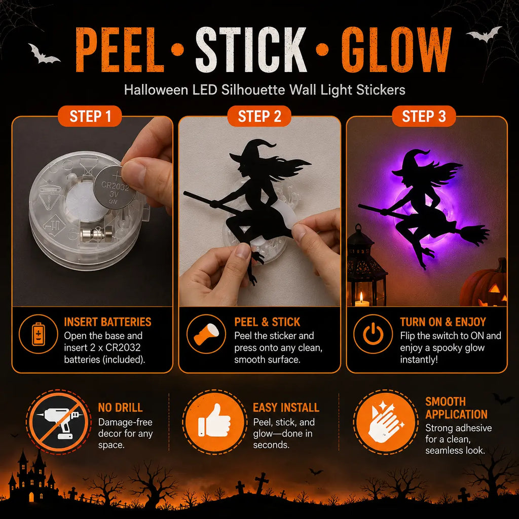 Halloween LED Wall Decor Lights, Peel & Stick Battery Powered Silhouette Stickers